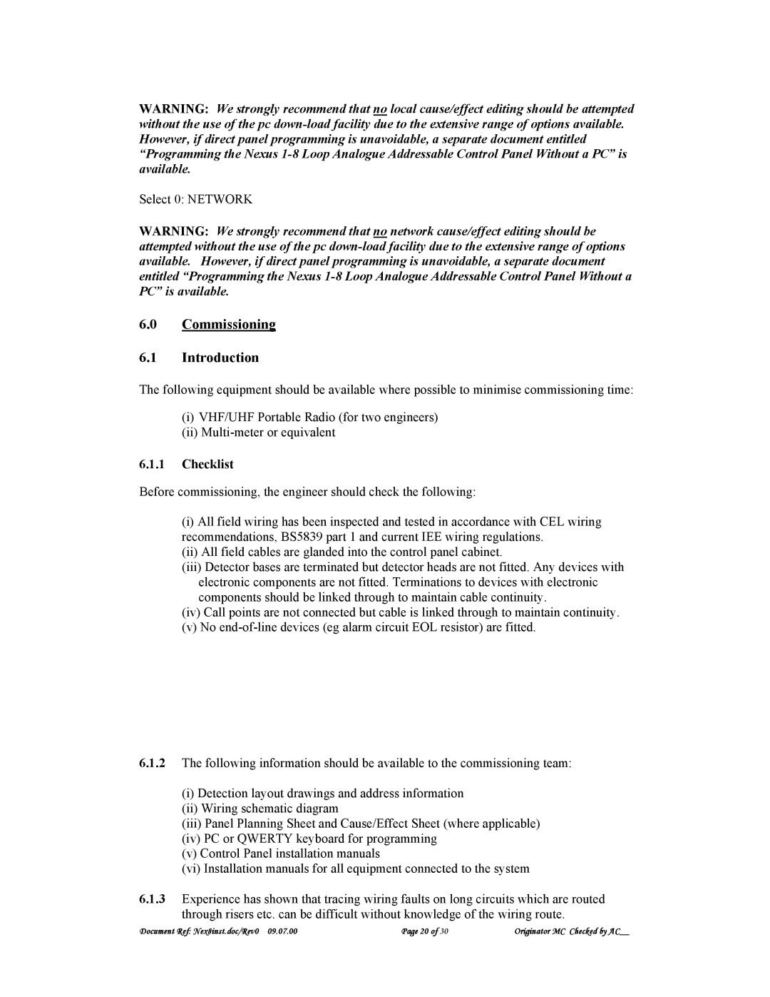 Nexus 21 A1557 technical specifications Commissioning Introduction, Checklist 