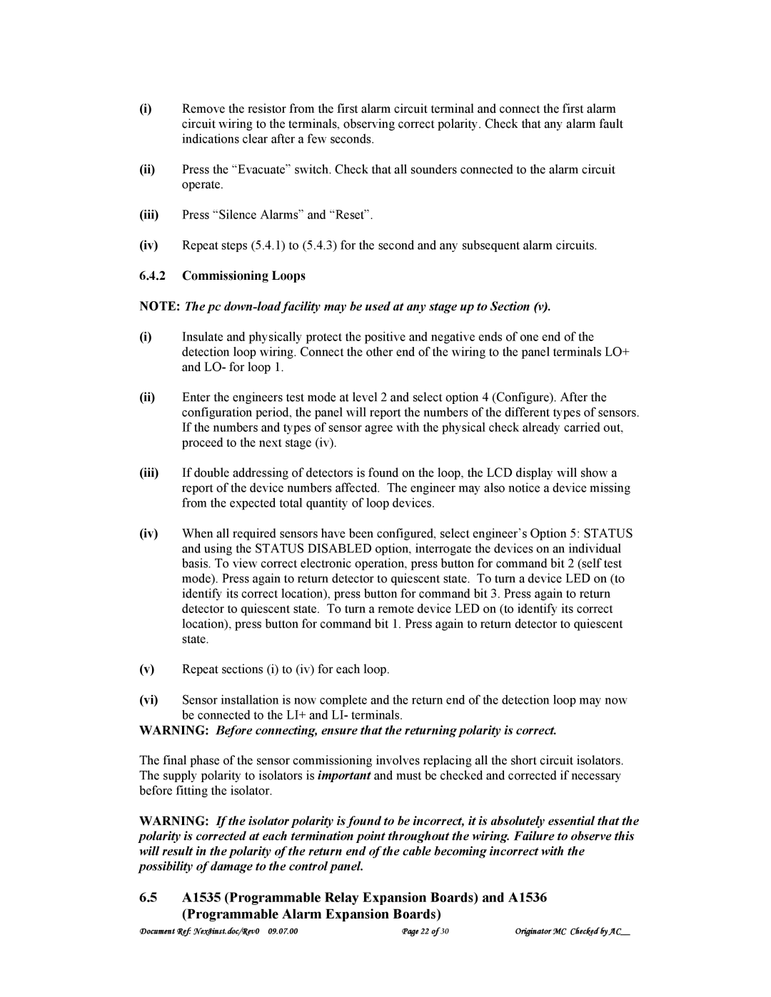 Nexus 21 A1557 technical specifications Commissioning Loops 