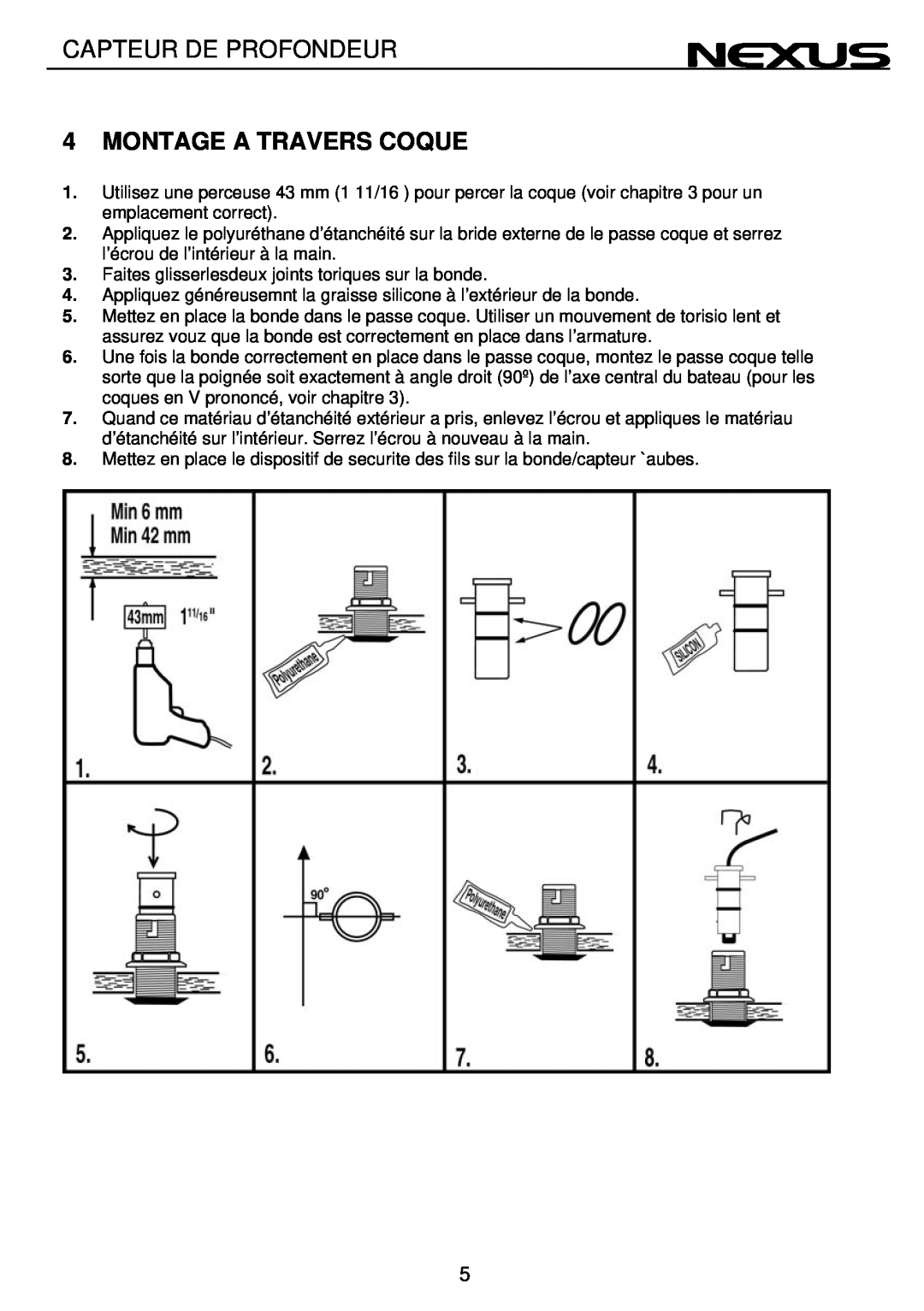 Nexus 21 CAPTEUR DE PROFONDEUR operation manual Capteur De Profondeur, Montage A Travers Coque 