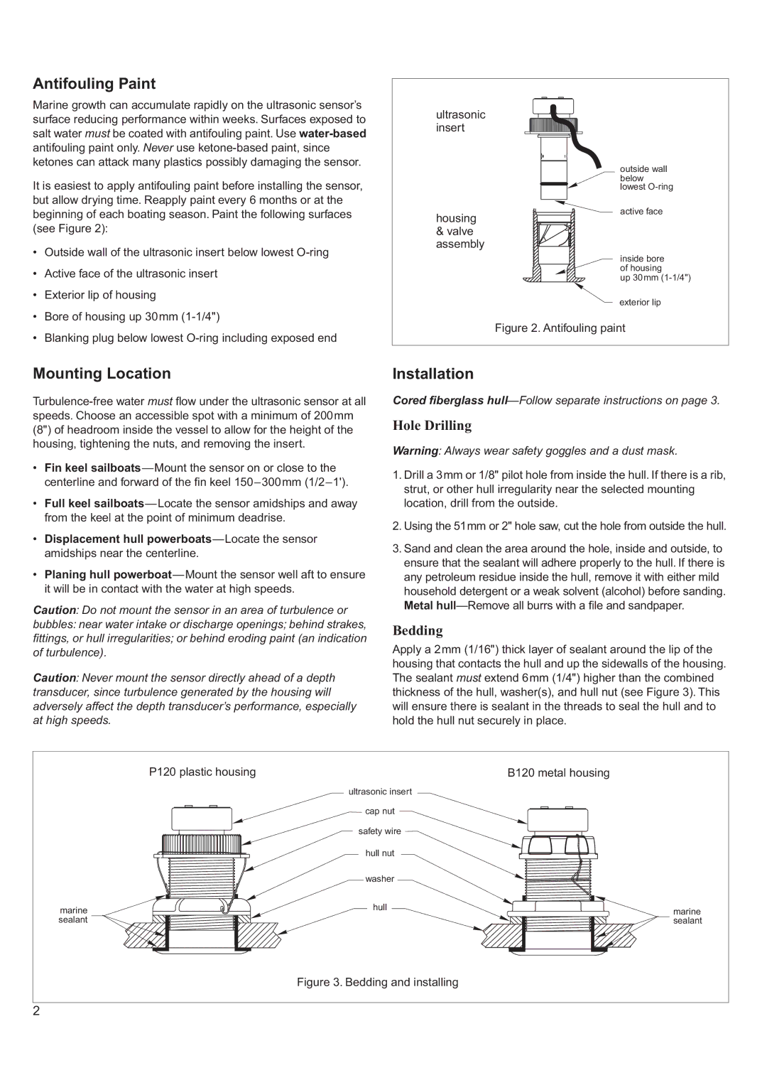 Nexus 21 CS4500-610 operation manual Antifouling Paint, Mounting Location, Installation, Hole Drilling, Bedding 