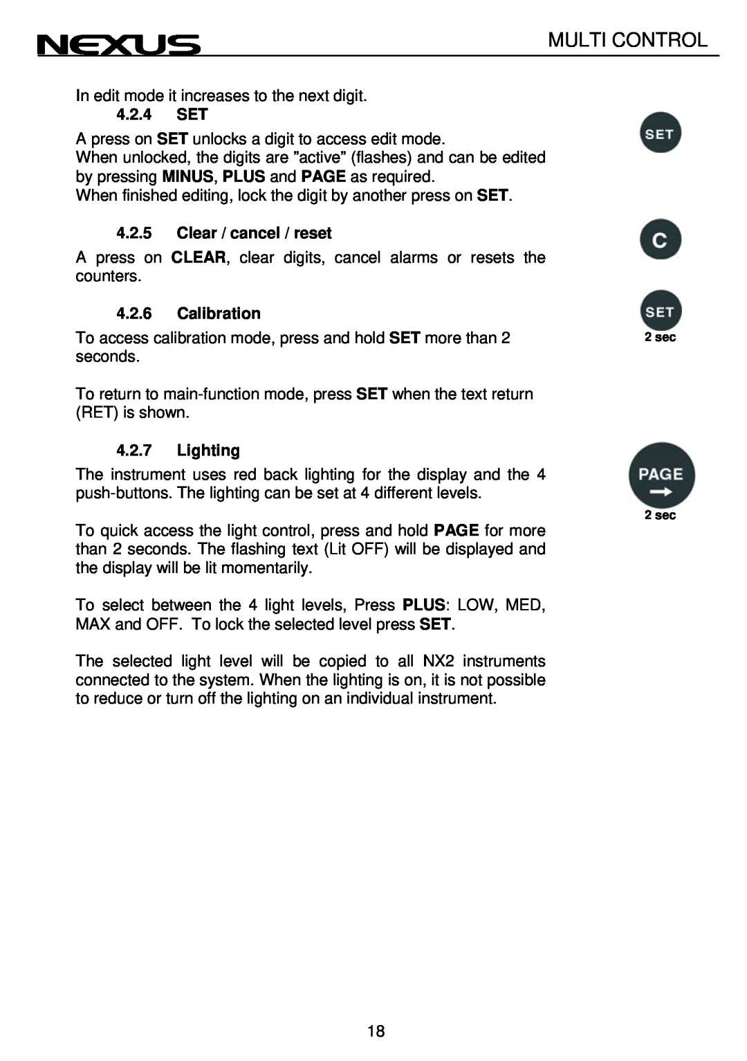 Nexus 21 Multi Control operation manual 4.2.4SET, 4.2.5Clear / cancel / reset, 4.2.6, Calibration, 4.2.7, Lighting 