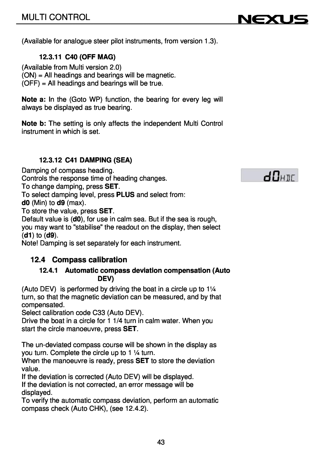 Nexus 21 Multi Control operation manual 12.4Compass calibration, 12.3.11 C40 OFF MAG, 12.3.12 C41 DAMPING SEA 