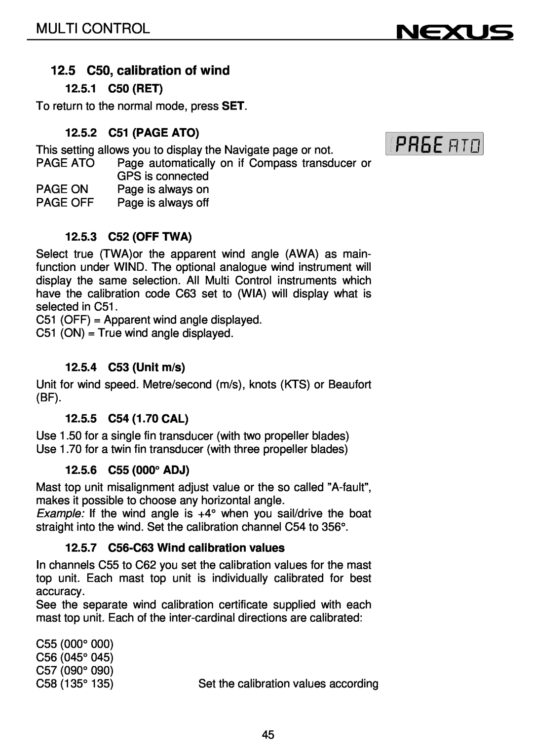 Nexus 21 Multi Control operation manual 12.5C50, calibration of wind, 12.5.1C50 RET, 12.5.2C51 PAGE ATO, 12.5.3C52 OFF TWA 
