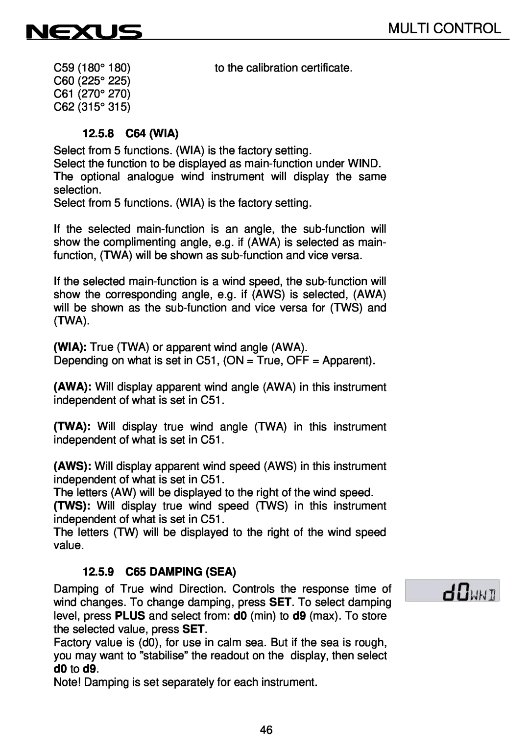 Nexus 21 Multi Control operation manual 12.5.8C64 WIA, 12.5.9C65 DAMPING SEA 