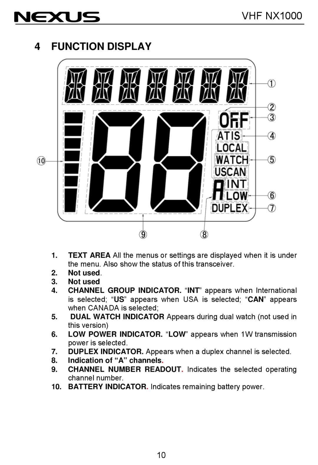 Nexus 21 NX1000 operation manual Function Display, Not used 