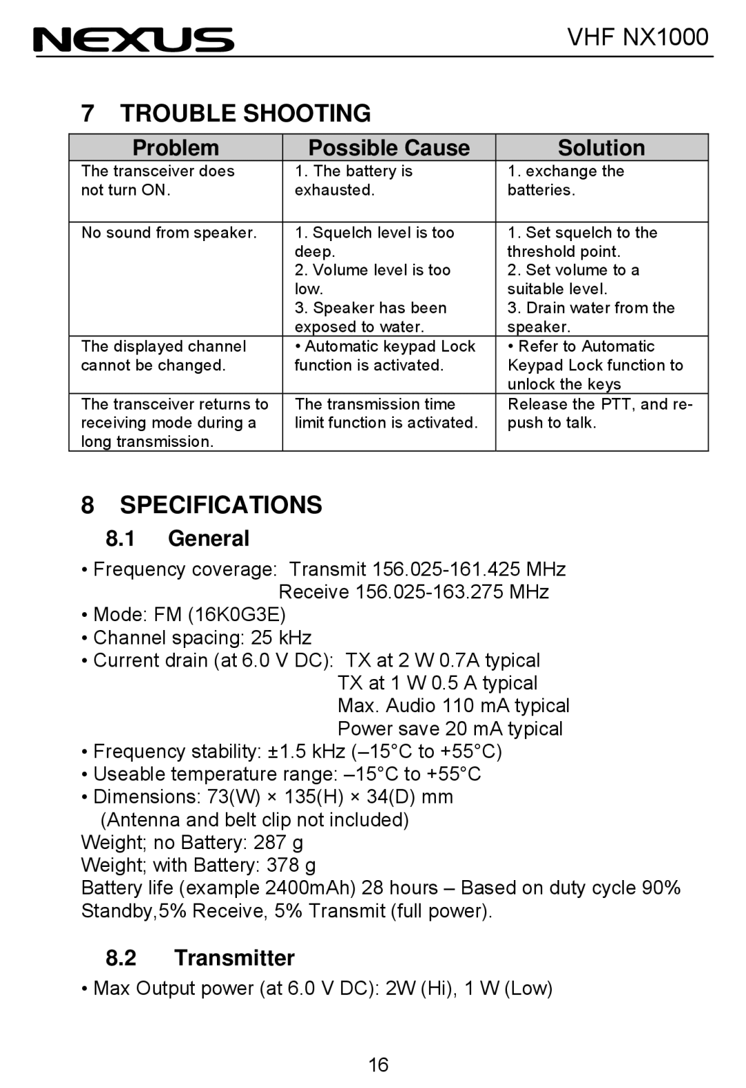 Nexus 21 NX1000 operation manual Trouble Shooting, Specifications, Problem Possible Cause Solution, General, Transmitter 