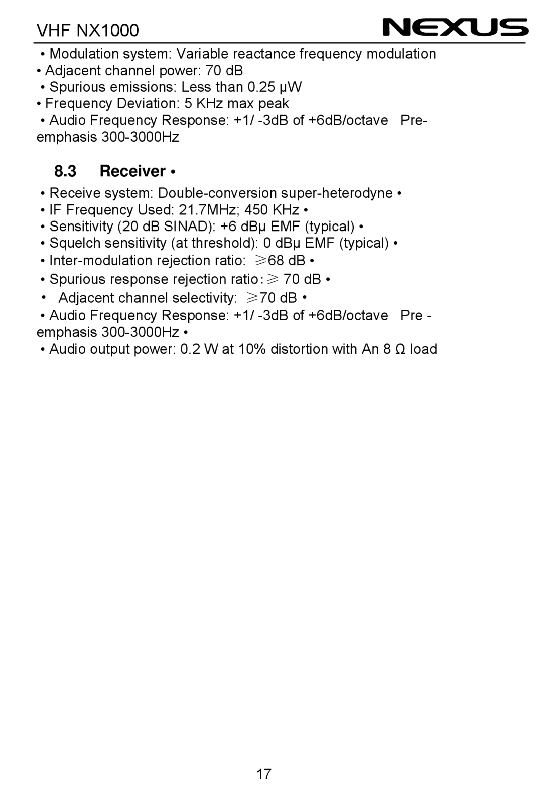 Nexus 21 NX1000 operation manual Receiver 