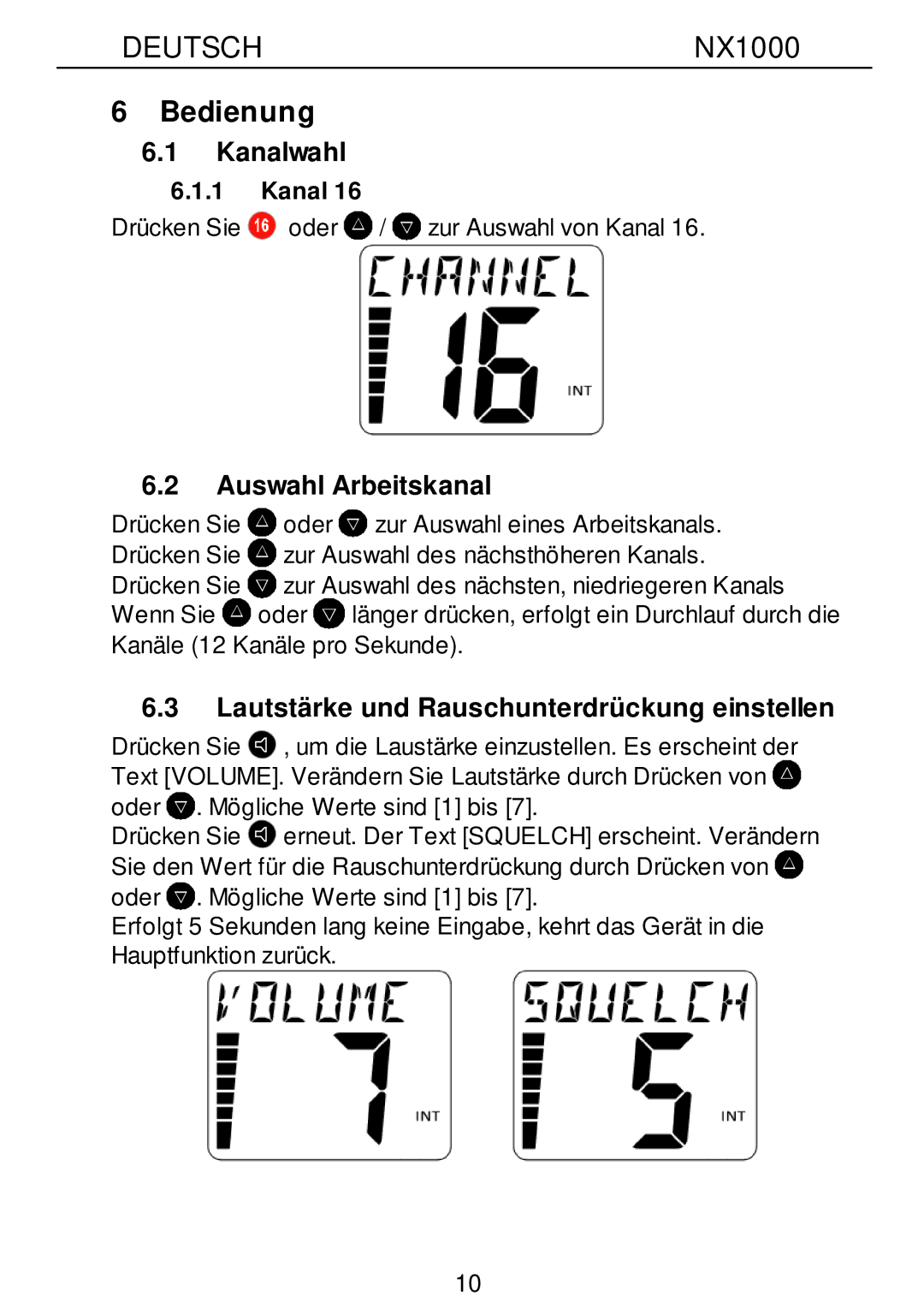 Nexus 21 NX1000 operation manual Kanalwahl, Auswahl Arbeitskanal, Lautstärke und Rauschunterdrückung einstellen 