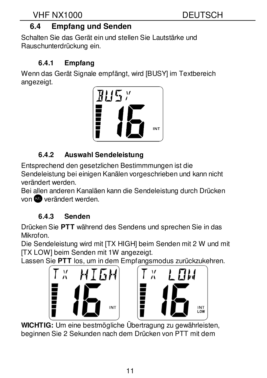 Nexus 21 NX1000 operation manual Empfang und Senden, Auswahl Sendeleistung 