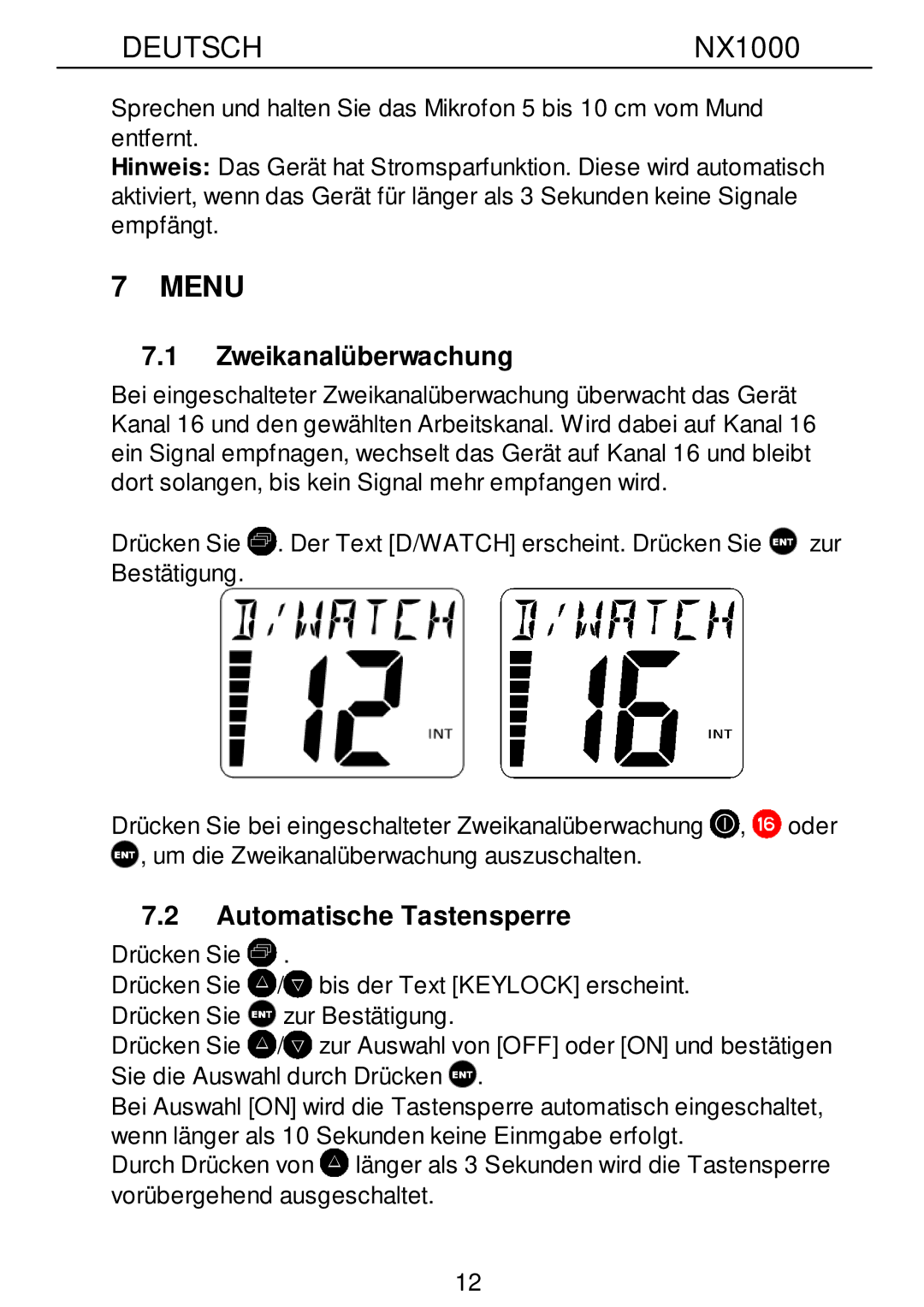 Nexus 21 NX1000 operation manual Zweikanalüberwachung, Automatische Tastensperre 