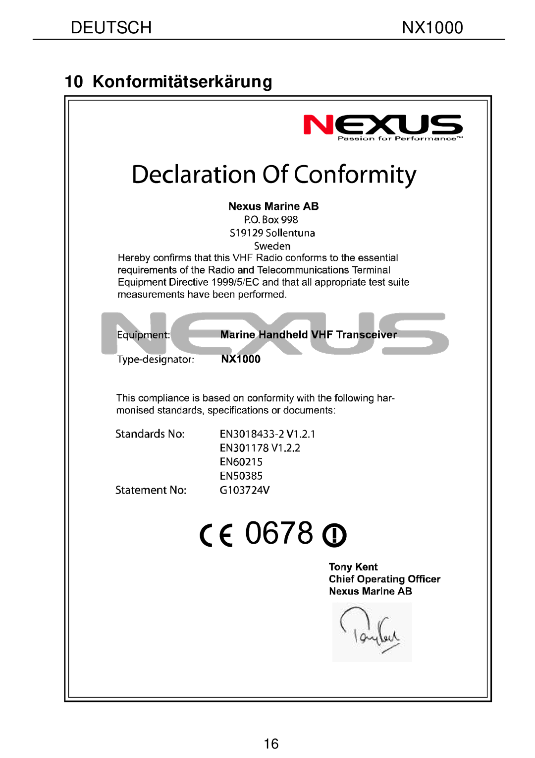 Nexus 21 NX1000 operation manual Konformitätserkärung 