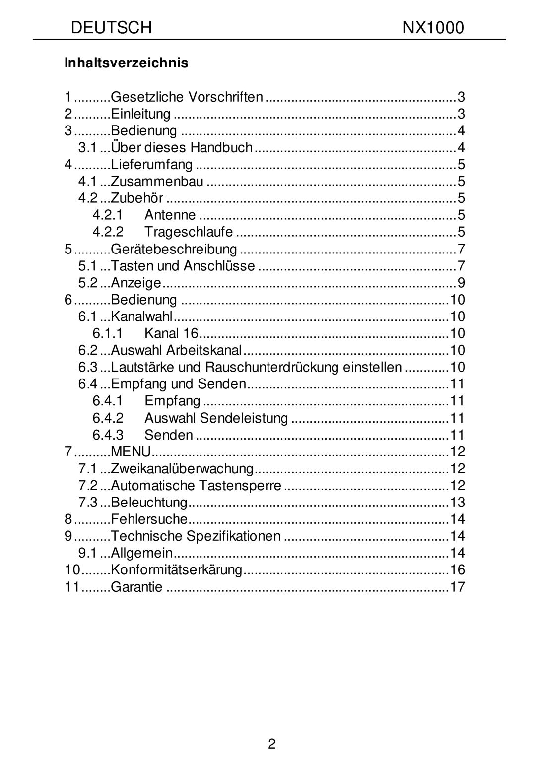 Nexus 21 NX1000 operation manual Deutsch, Inhaltsverzeichnis 