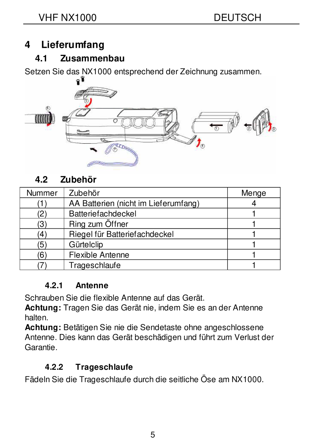 Nexus 21 NX1000 operation manual Lieferumfang, Zusammenbau, Zubehör, Antenne, Trageschlaufe 