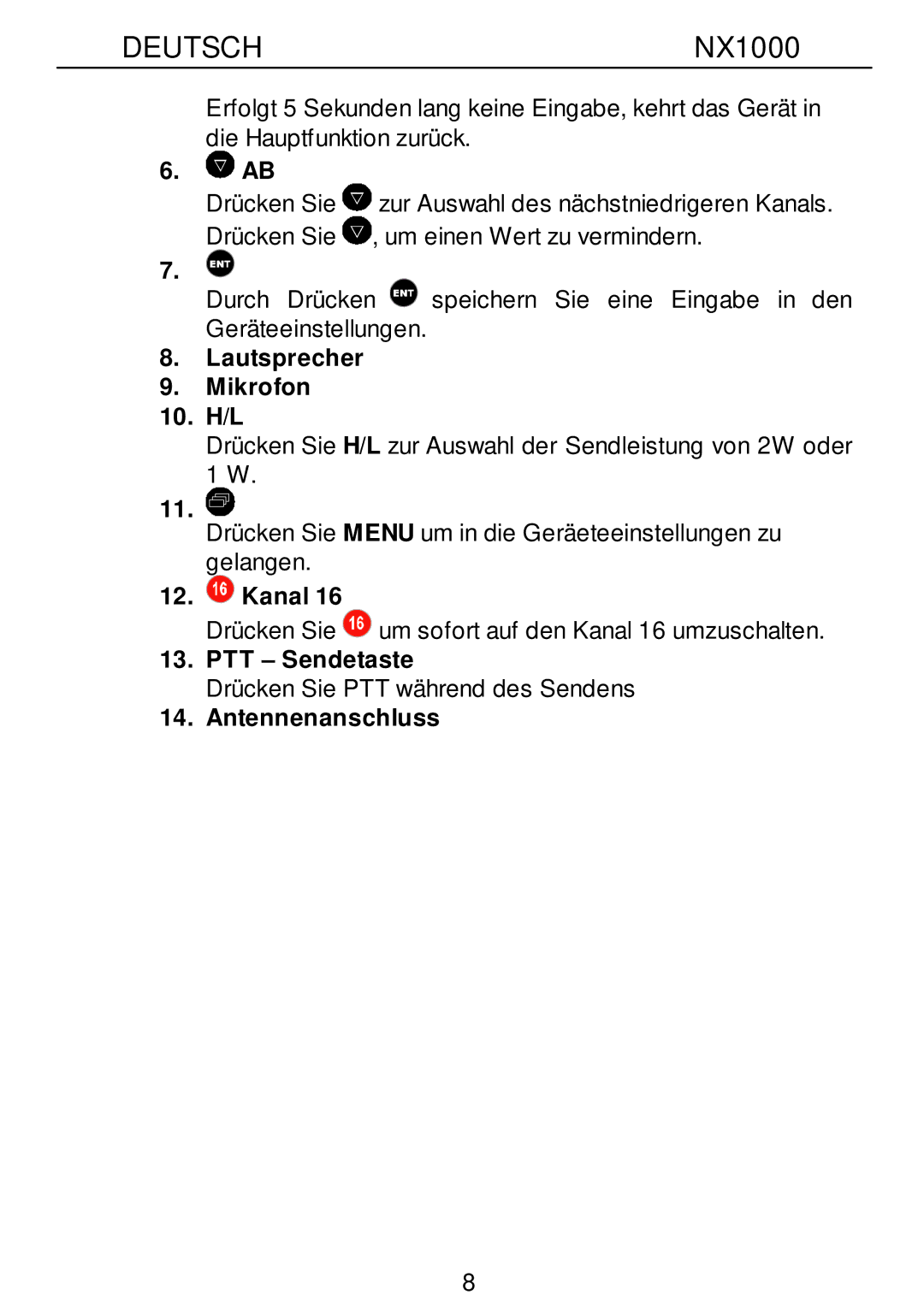 Nexus 21 NX1000 operation manual Lautsprecher Mikrofon 10. H/L, Kanal, PTT Sendetaste, Antennenanschluss 