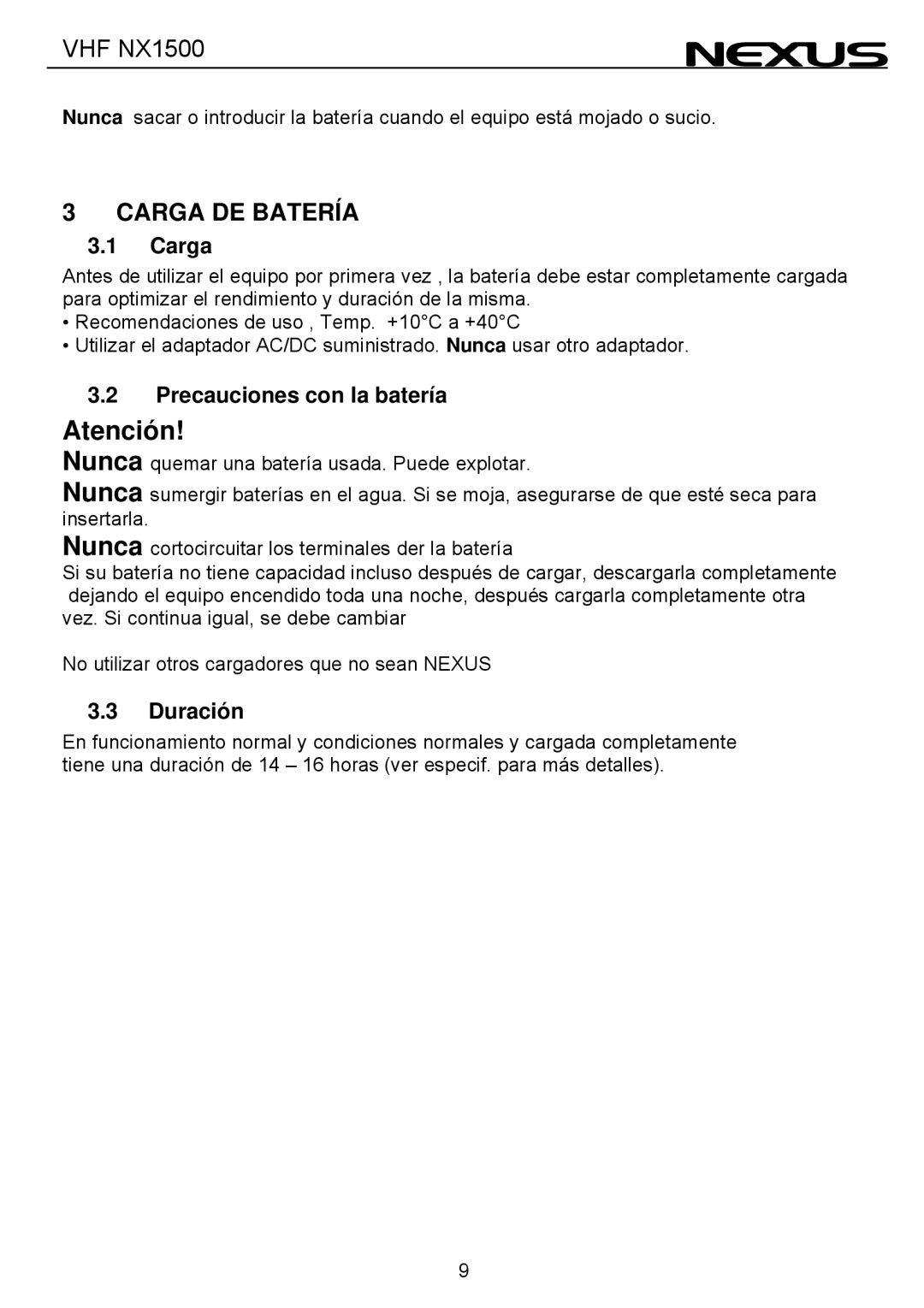 Nexus 21 NX1500 manual Carga DE Batería, Precauciones con la batería, Duración 