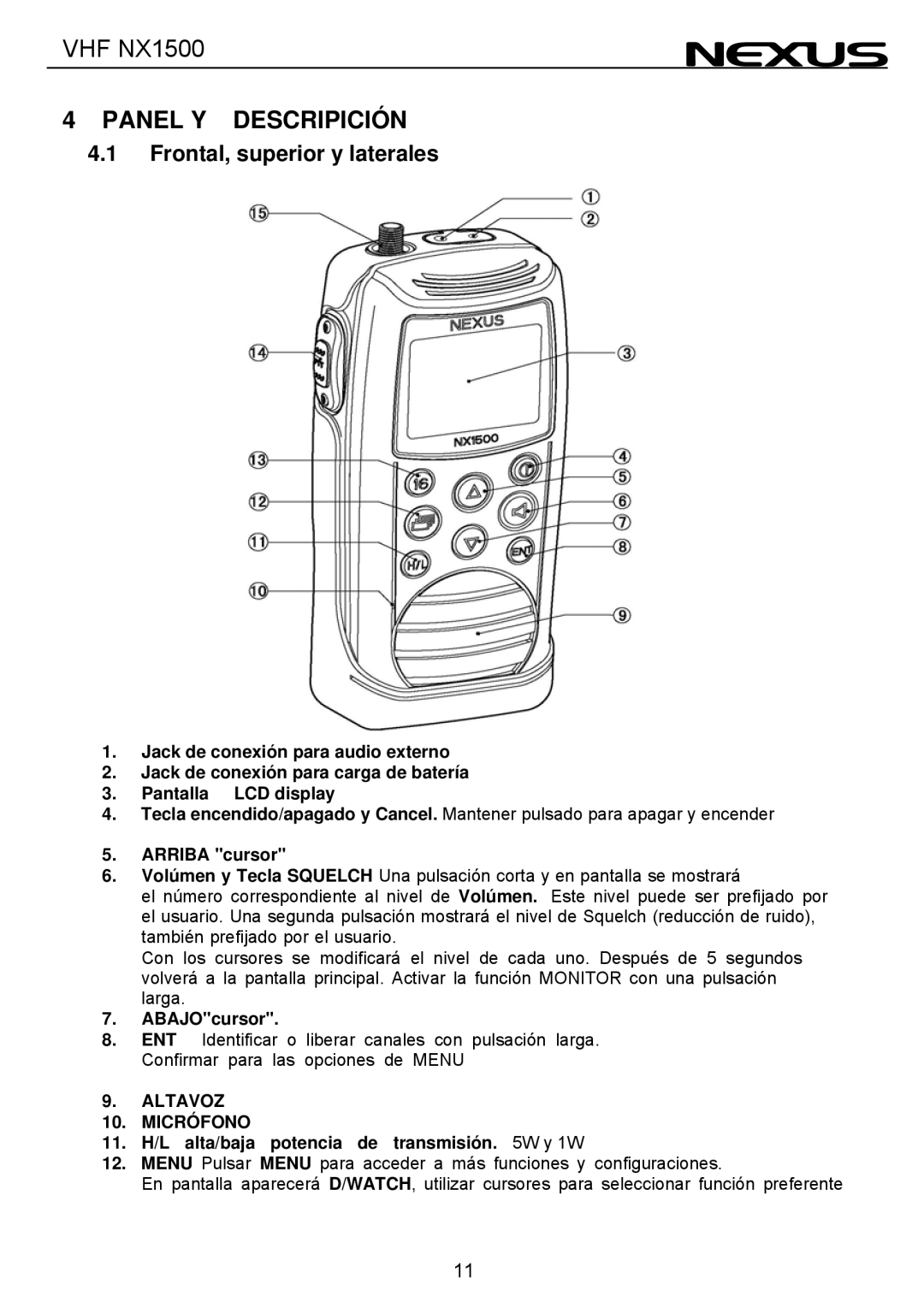 Nexus 21 NX1500 manual Panel Y Descripición, Frontal, superior y laterales 