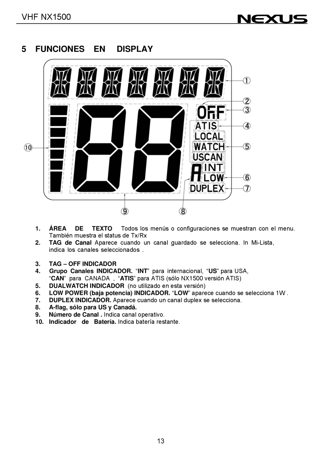 Nexus 21 NX1500 manual Funciones EN Display, TAG OFF Indicador 