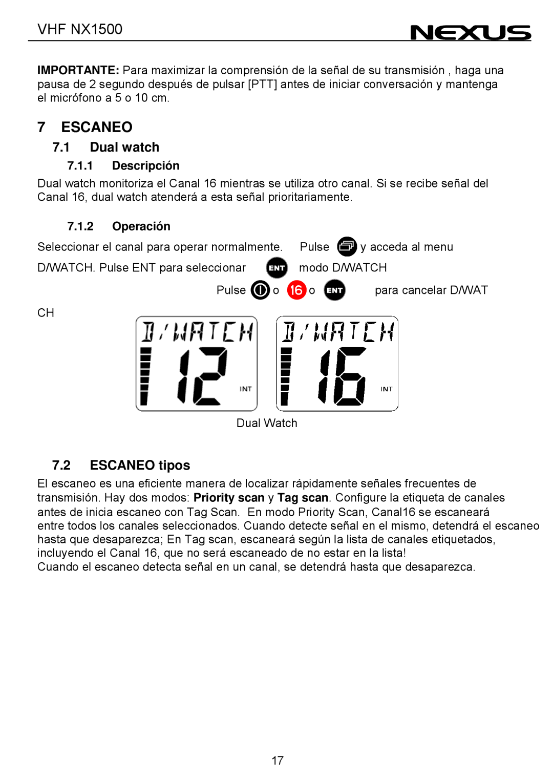 Nexus 21 NX1500 manual Dual watch, Escaneo tipos, Descripción, Operación 