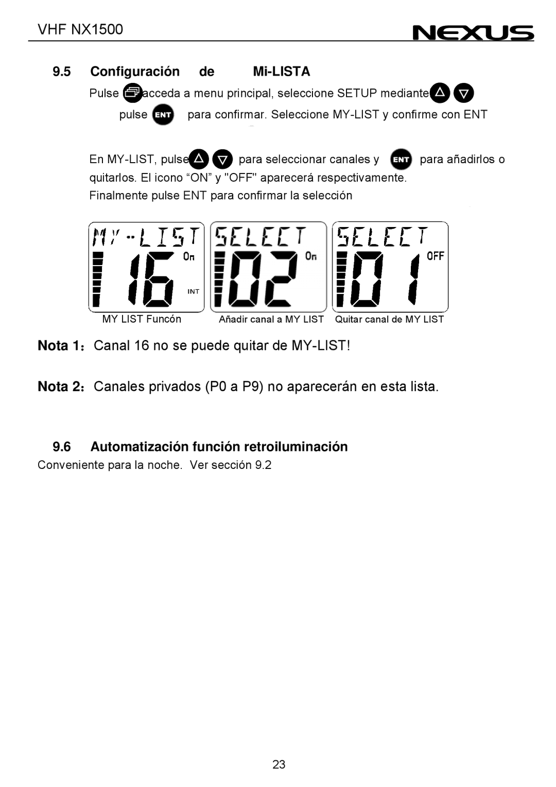 Nexus 21 NX1500 manual Configuración Mi-LISTA, Automatización función retroiluminación 