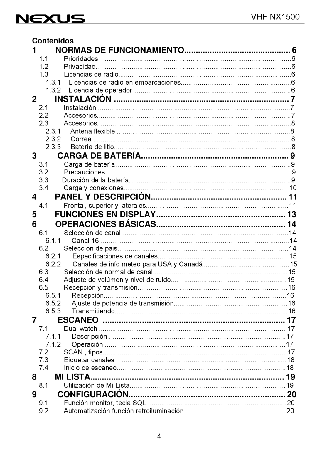 Nexus 21 NX1500 manual Contenidos, Normas DE Funcionamiento 