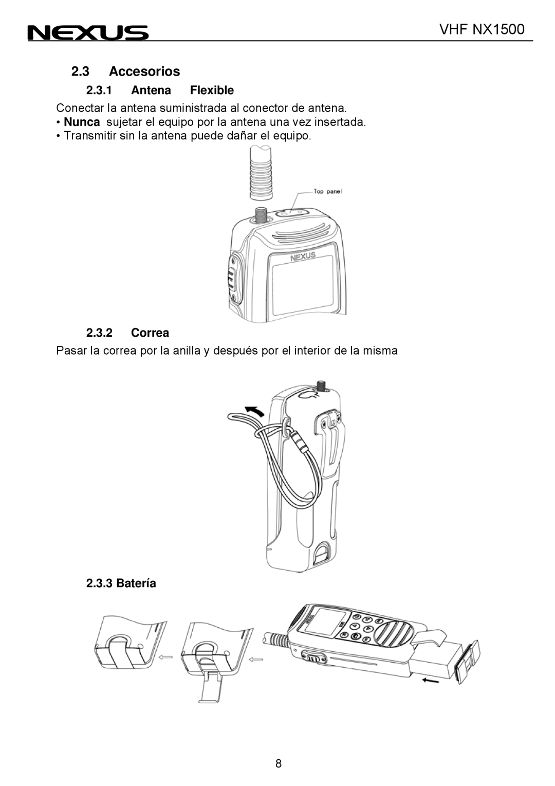 Nexus 21 NX1500 manual Antena Flexible, Correa, Batería 