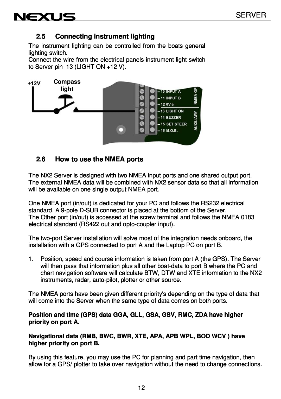 Nexus 21 NX2 operation manual Connecting instrument lighting, How to use the NMEA ports, Server 