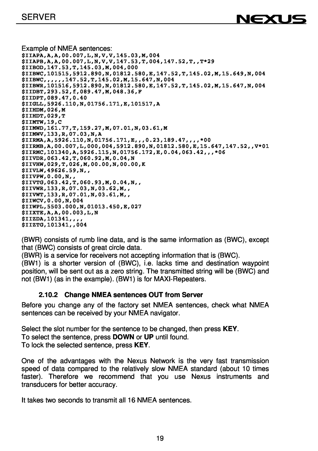 Nexus 21 NX2 operation manual Change NMEA sentences OUT from Server 