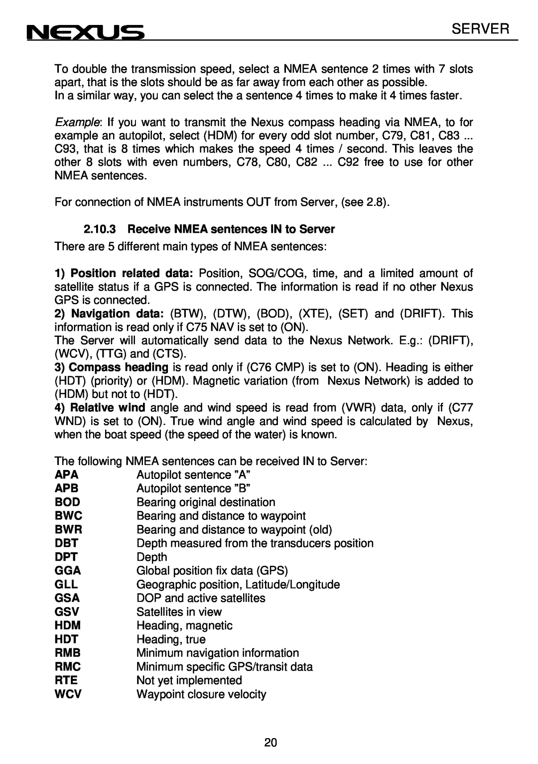 Nexus 21 NX2 operation manual Server, Autopilot sentence ”A” 