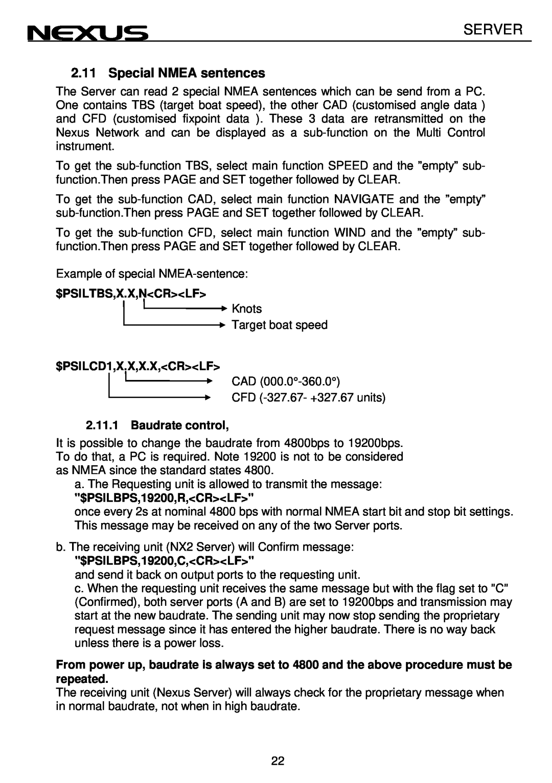 Nexus 21 NX2 operation manual Special NMEA sentences, Server, $Psiltbs,X.X,Ncrlf, $PSILCD1,X.X,X.X,CRLF, Baudrate control 