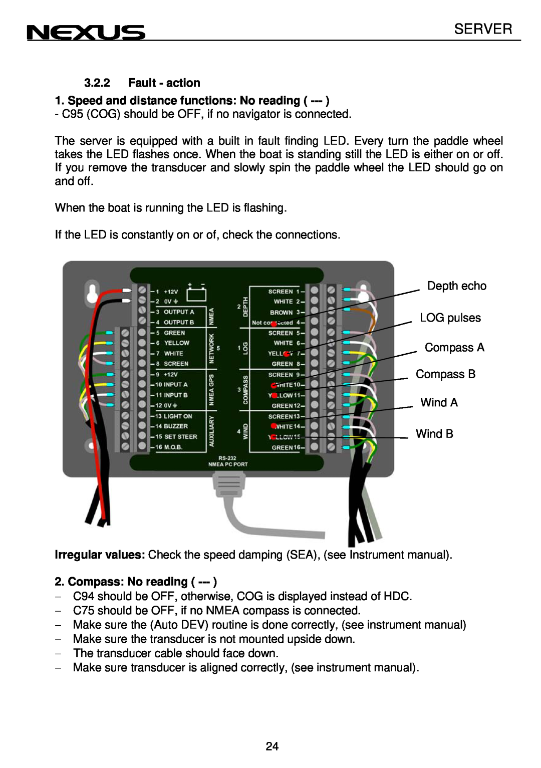 Nexus 21 NX2 operation manual Server, Fault - action 1. Speed and distance functions No reading, Compass No reading 