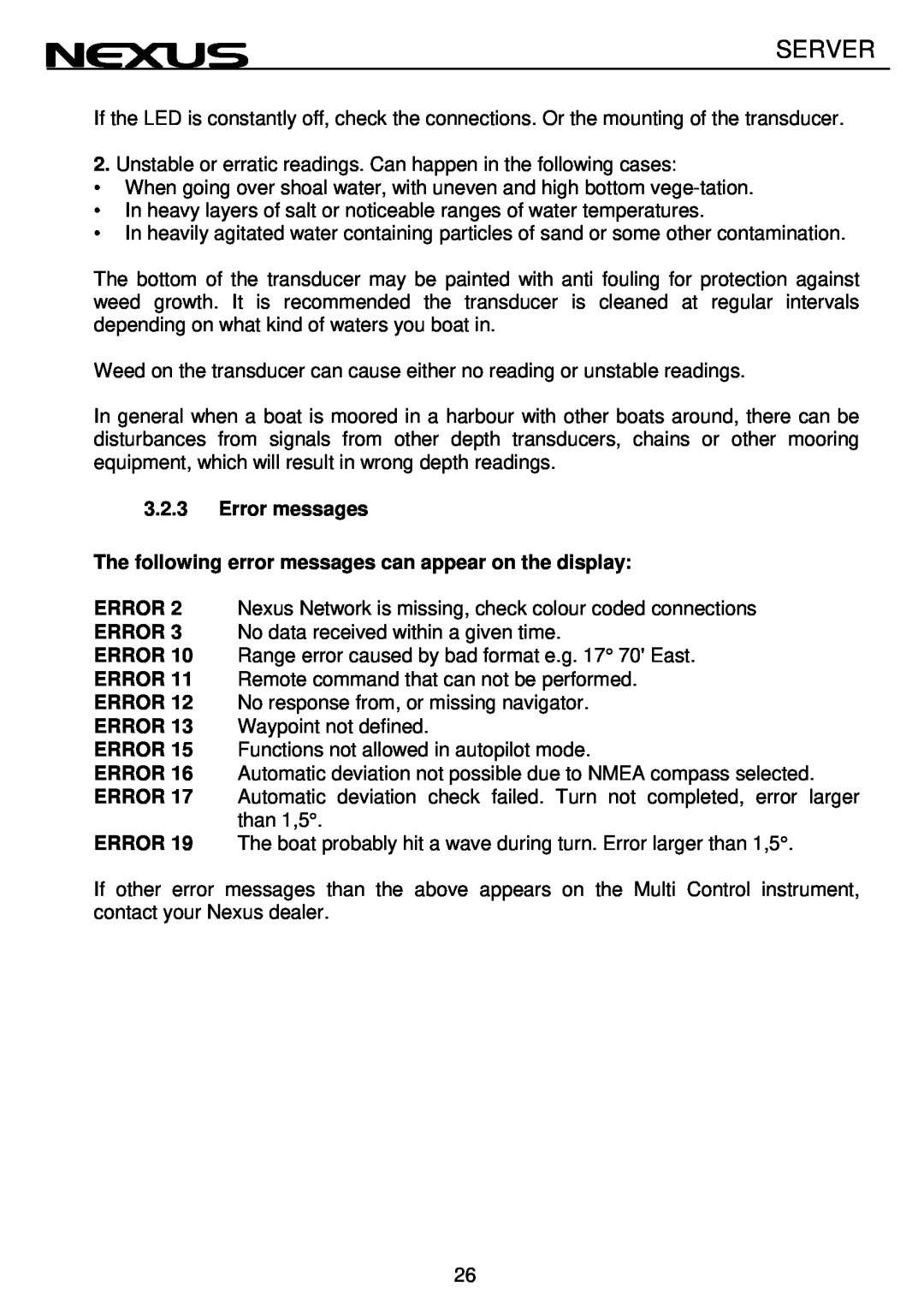 Nexus 21 NX2 operation manual Server, Error messages, The following error messages can appear on the display 