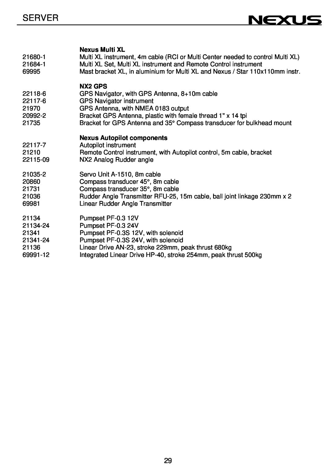 Nexus 21 operation manual Server, Nexus Multi XL, NX2 GPS, Nexus Autopilot components 