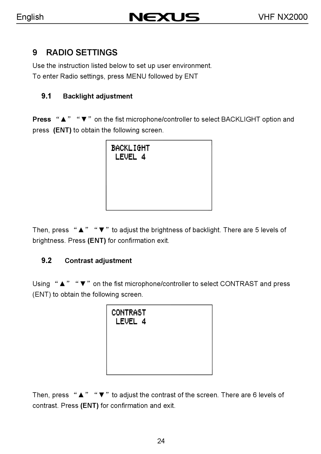 Nexus 21 NX2000 operation manual Radio Settings, Backlight adjustment, Contrast adjustment 