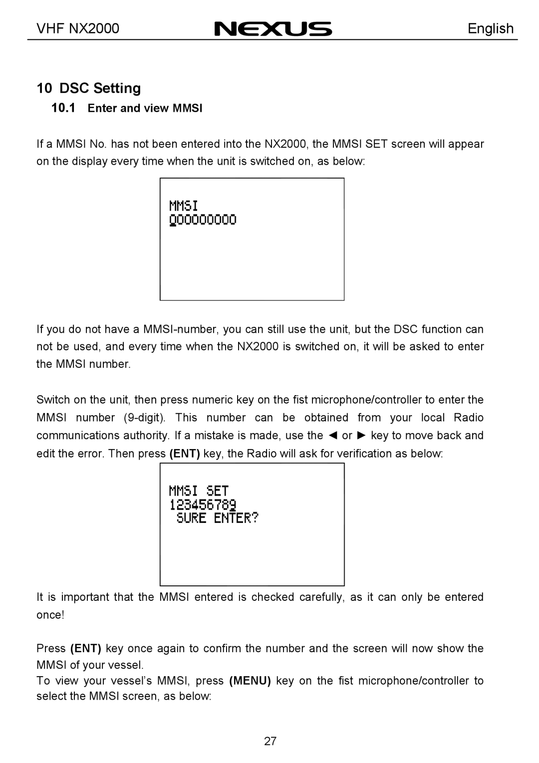 Nexus 21 NX2000 operation manual DSC Setting, Enter and view Mmsi 