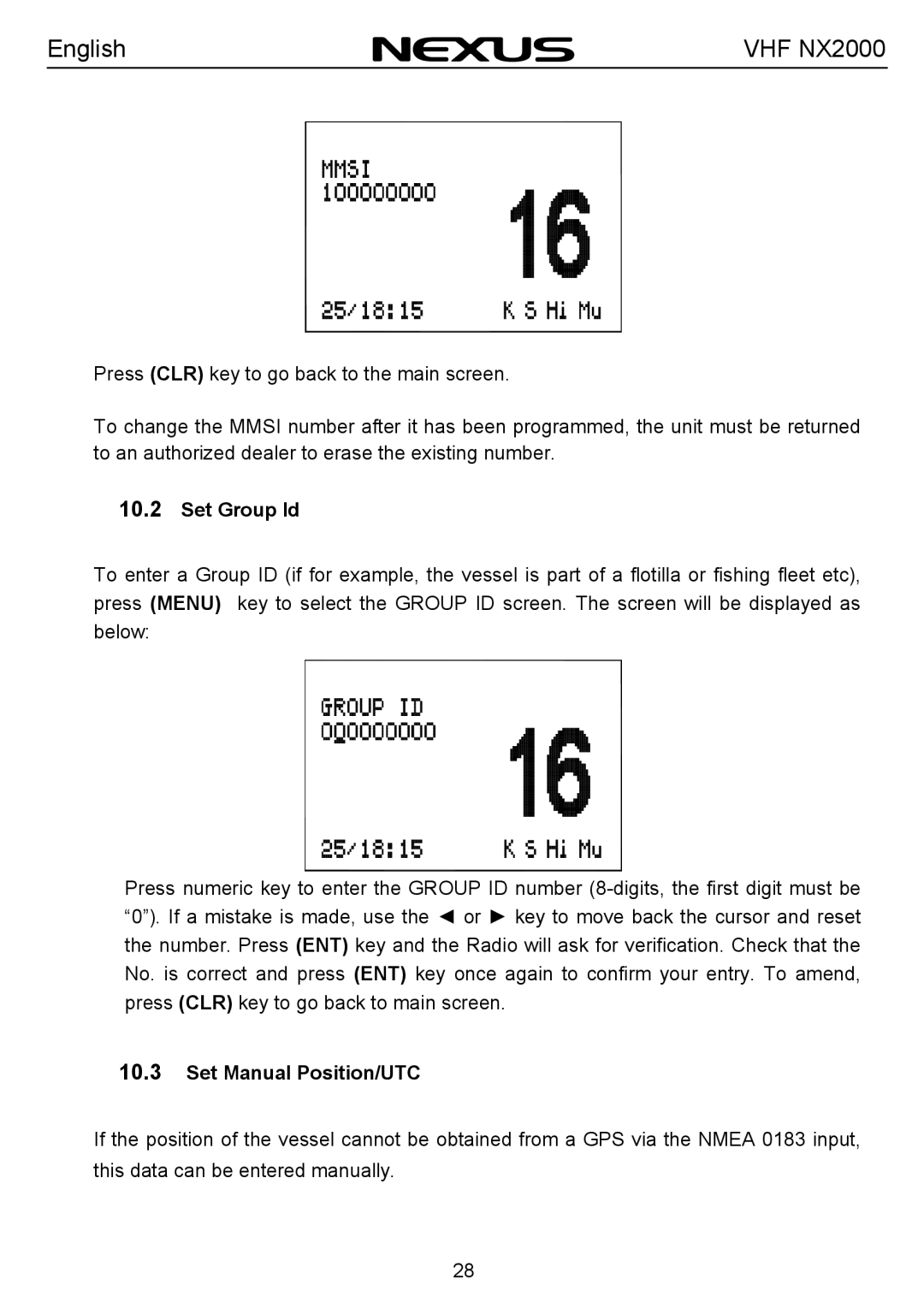 Nexus 21 NX2000 operation manual Set Group Id, Set Manual Position/UTC 