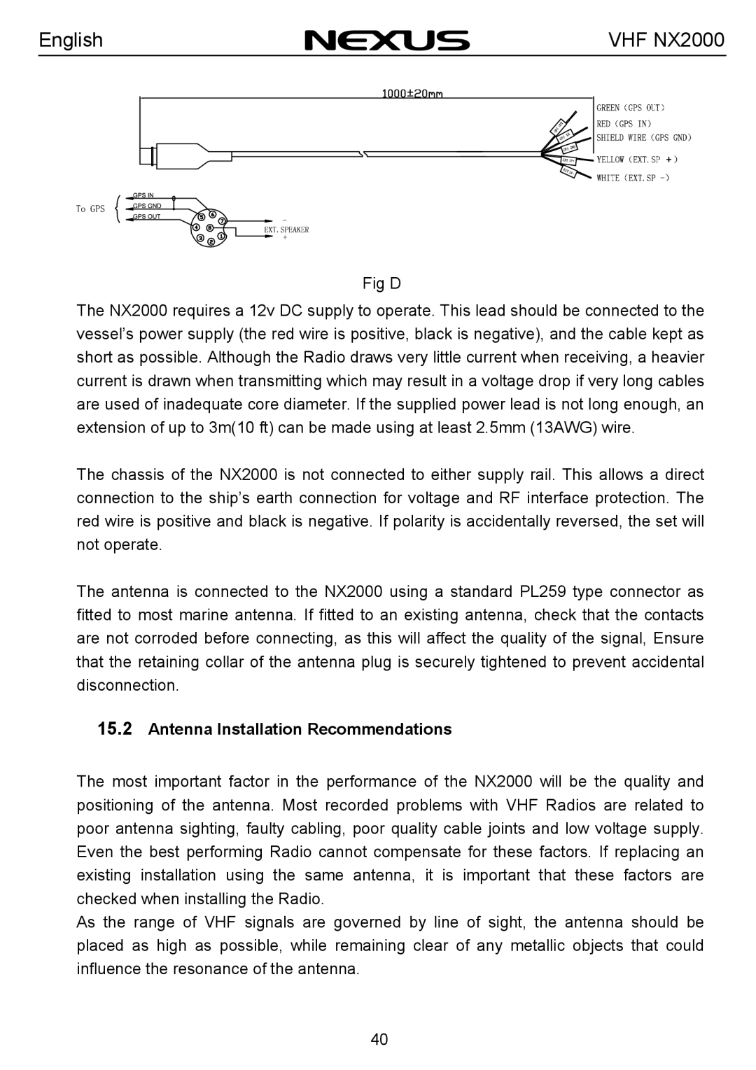 Nexus 21 NX2000 operation manual Fig D, Antenna Installation Recommendations 