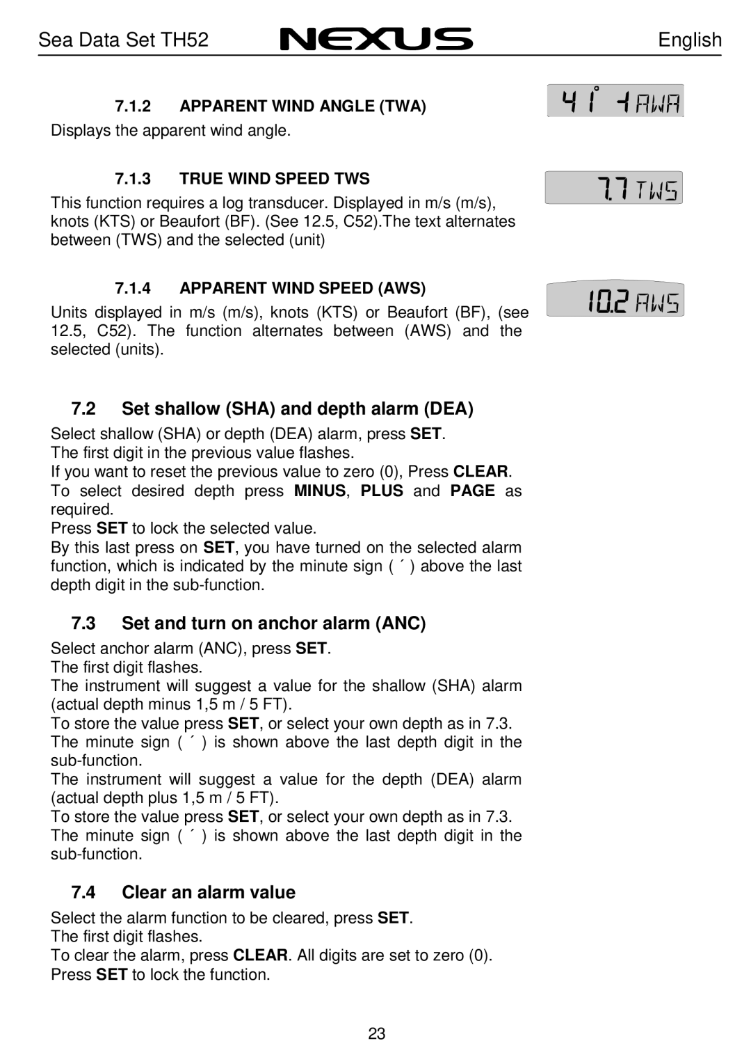 Nexus 21 TH52 operation manual Set shallow SHA and depth alarm DEA, Set and turn on anchor alarm ANC, Clear an alarm value 