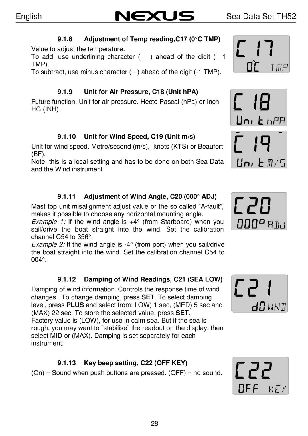 Nexus 21 TH52 Adjustment of Temp reading,C17 0C TMP, Unit for Air Pressure, C18 Unit hPA, Key beep setting, C22 OFF KEY 