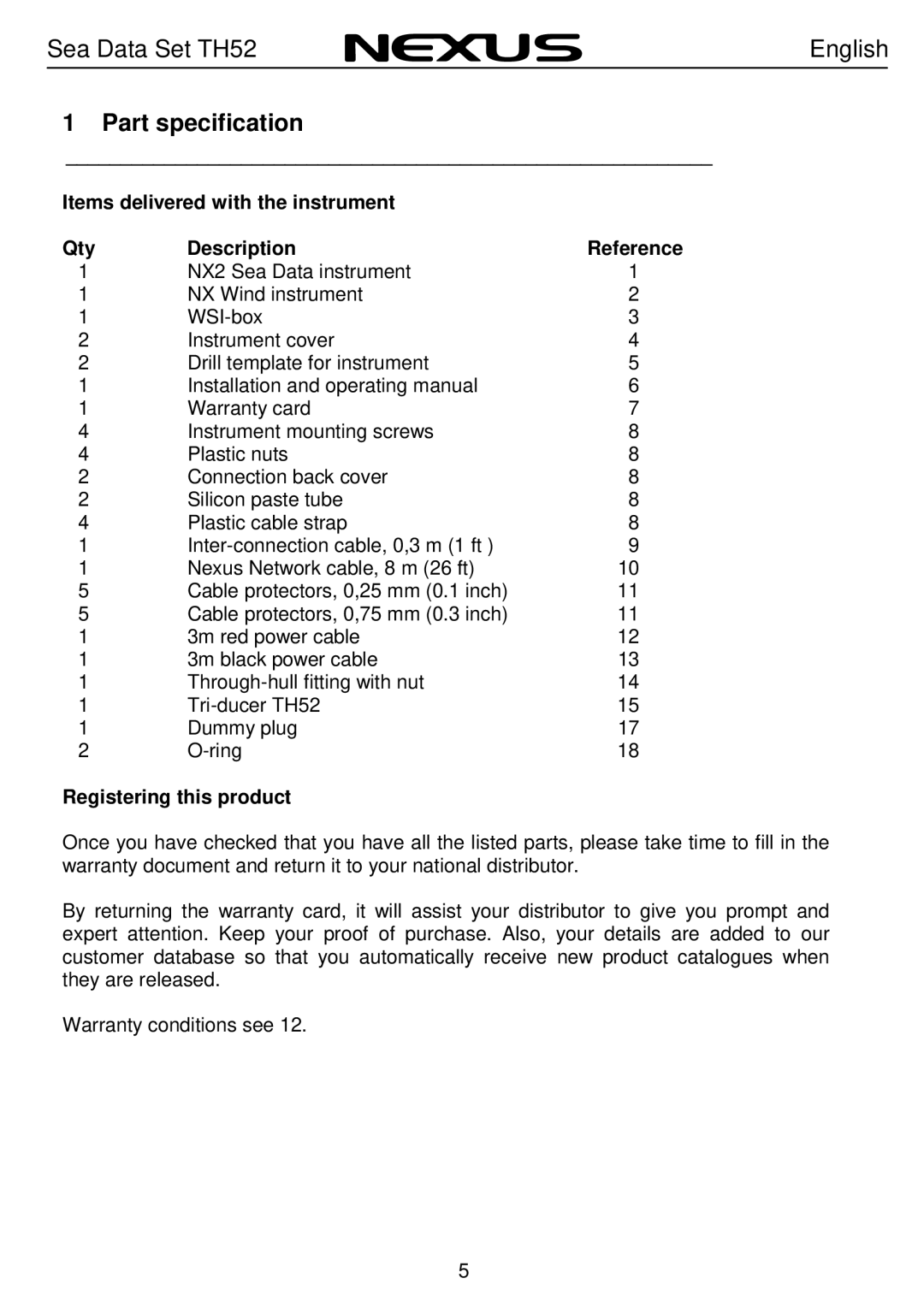 Nexus 21 TH52 operation manual Part specification, Registering this product 