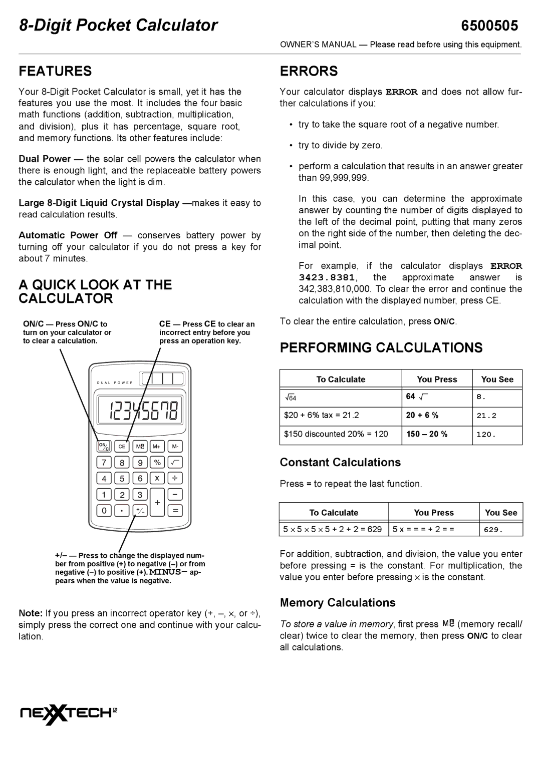 NexxTech 6500505 manual Features, Quick Look AT Calculator, Errors, Performing Calculations 