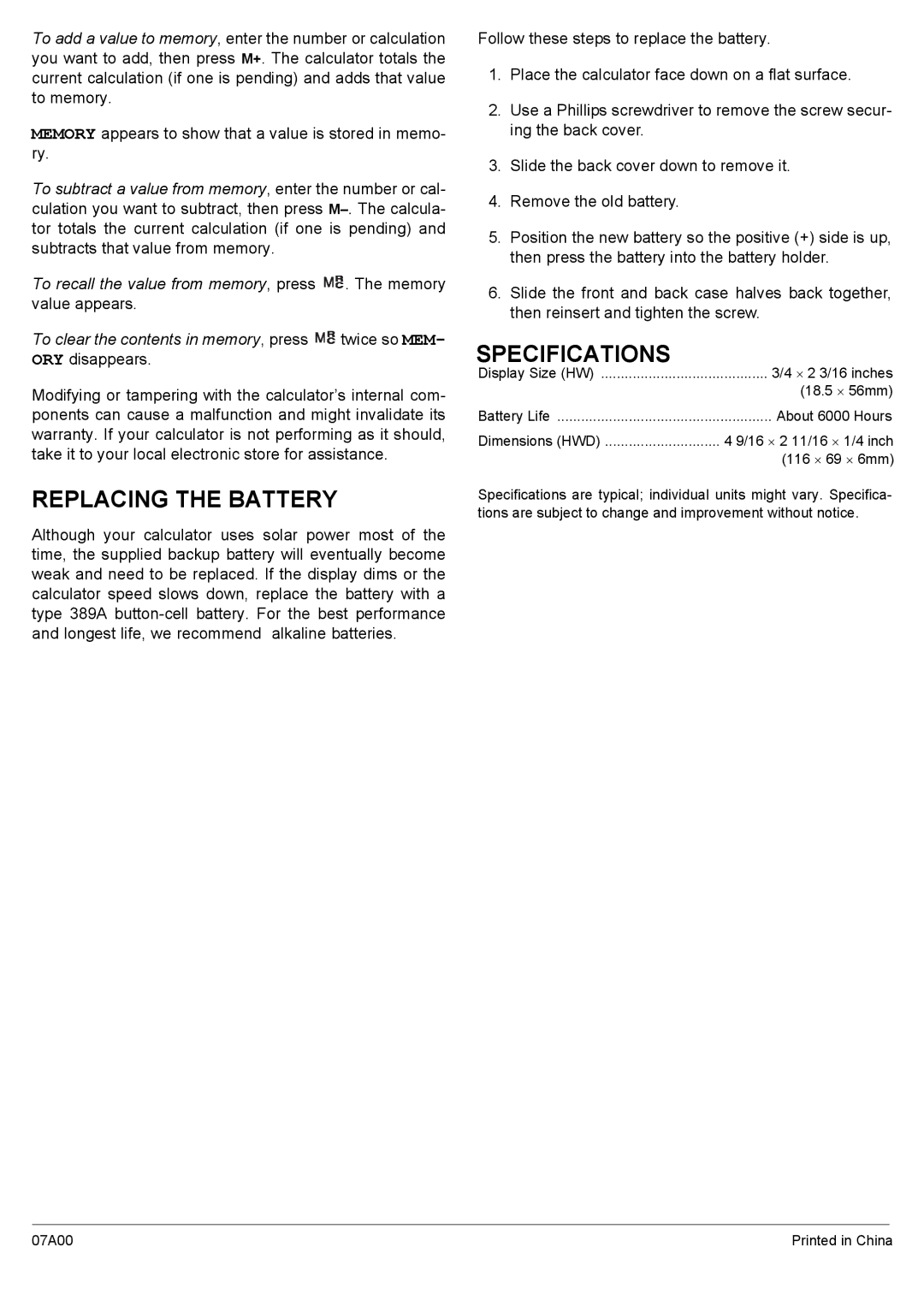 NexxTech 6500505 manual Replacing the Battery, Specifications 