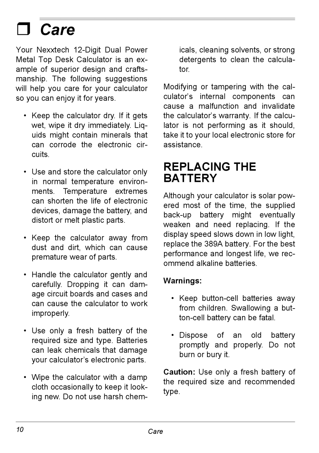 NexxTech 6500542 manual ˆ Care, Replacing Battery 