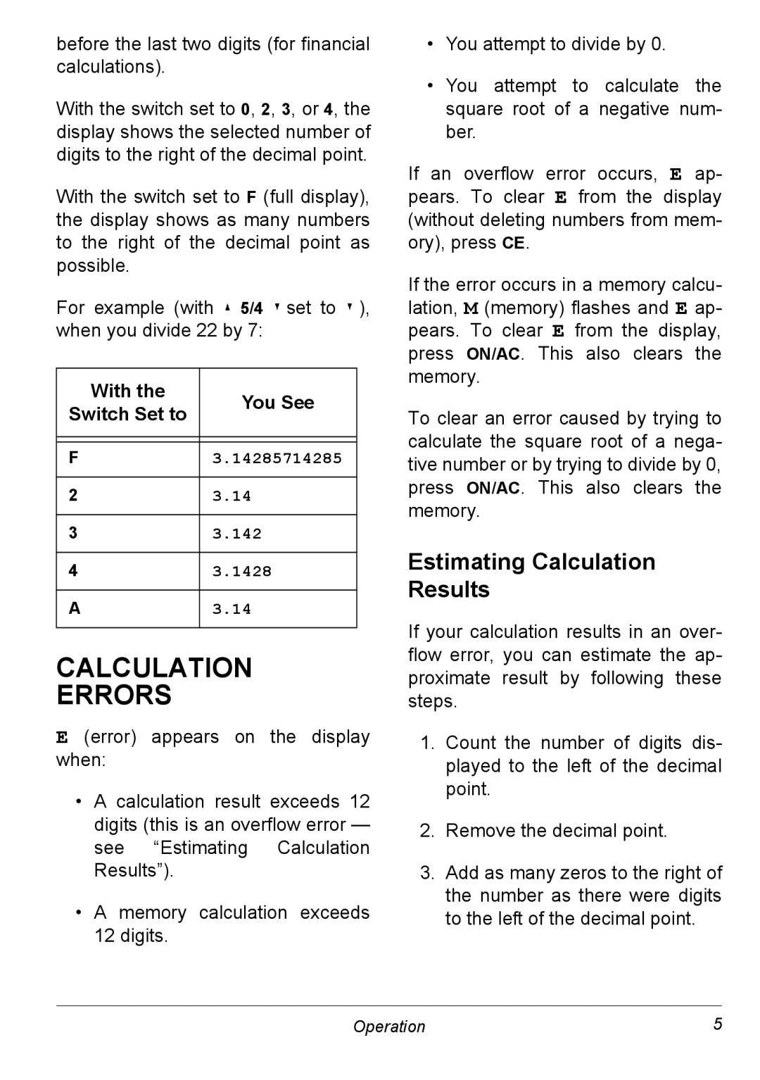 NexxTech 6500542 manual Calculation Errors, Estimating Calculation Results 