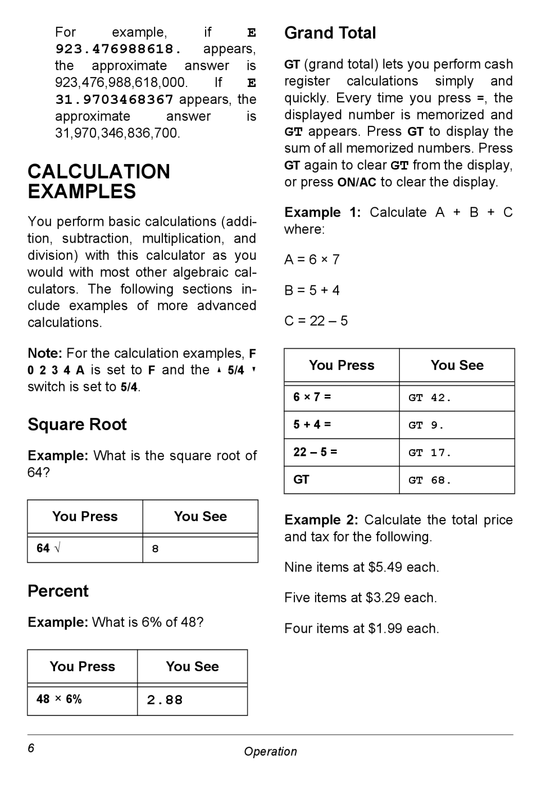 NexxTech 6500542 manual Calculation Examples, Square Root, Percent, Grand Total 