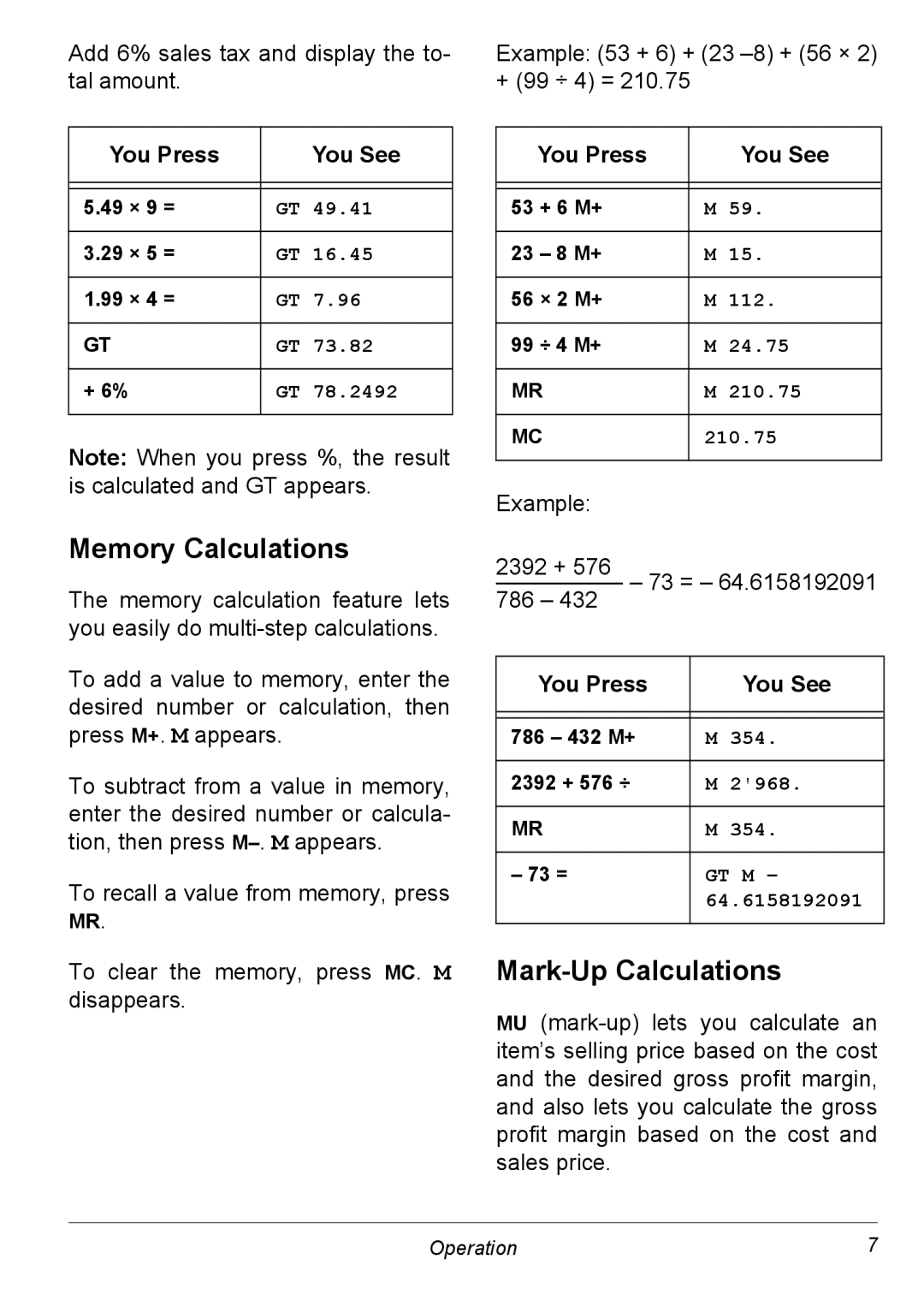 NexxTech 6500542 manual Memory Calculations, Mark-Up Calculations 