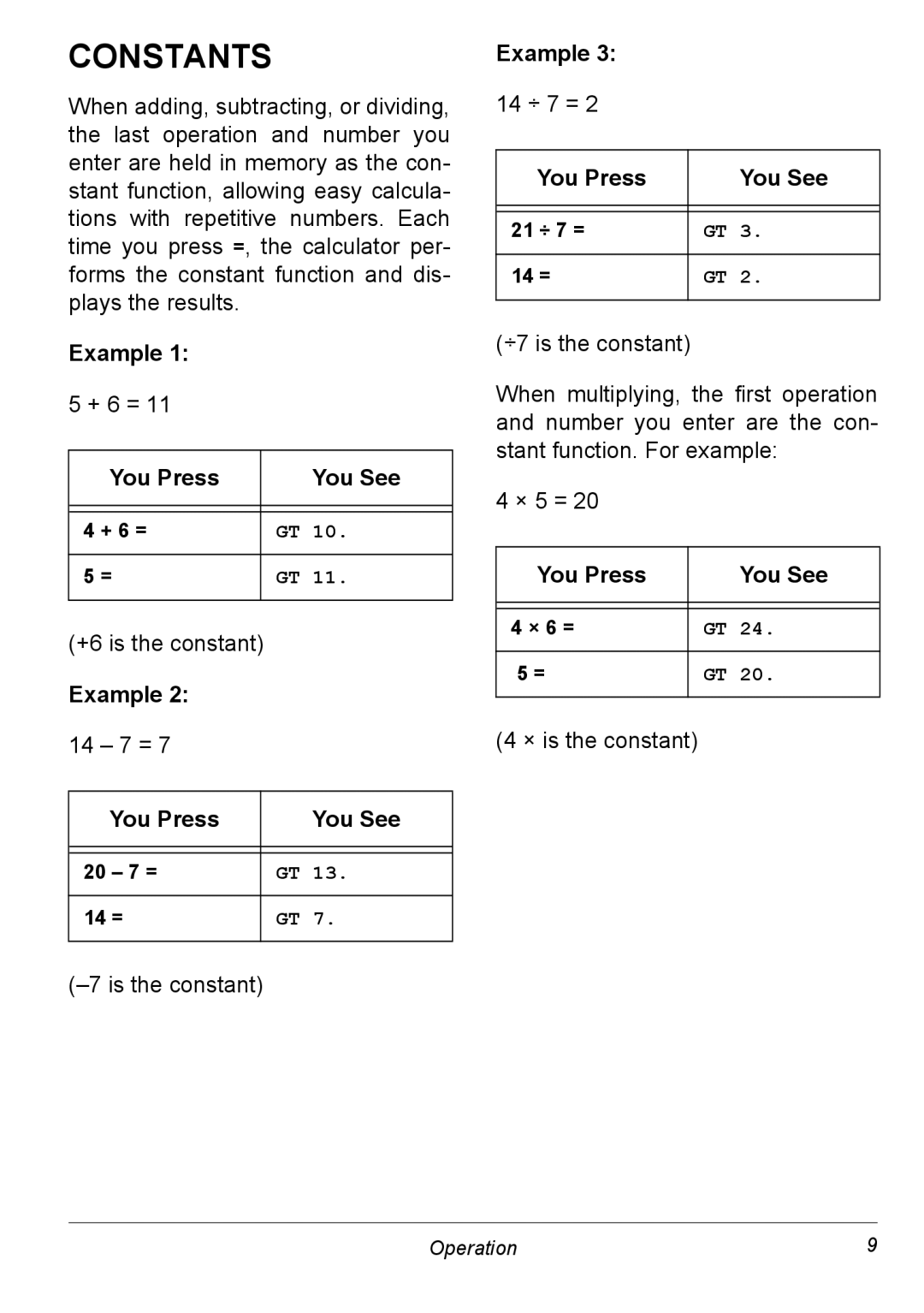 NexxTech 6500542 manual Constants, Example 3 14 ÷ 7 = You Press You See 