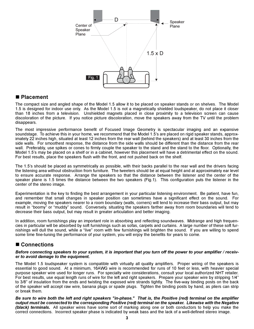 NHT 1.5 owner manual „ Placement, „ Connections 