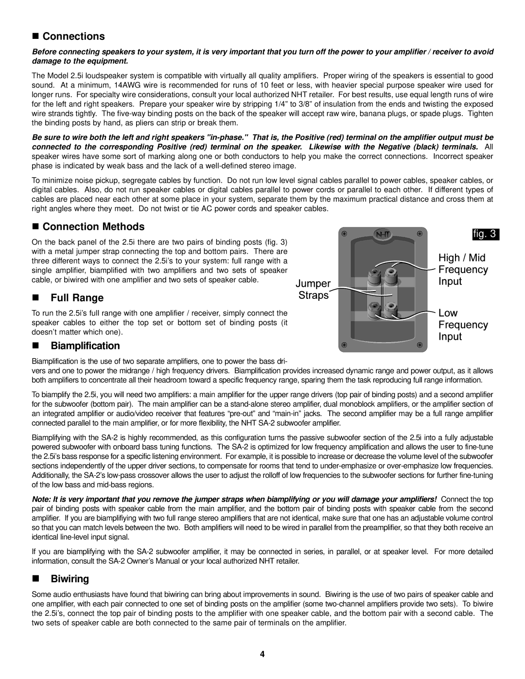 NHT 2.5i owner manual Connections, Connection Methods, Full Range, Biamplification, Biwiring 