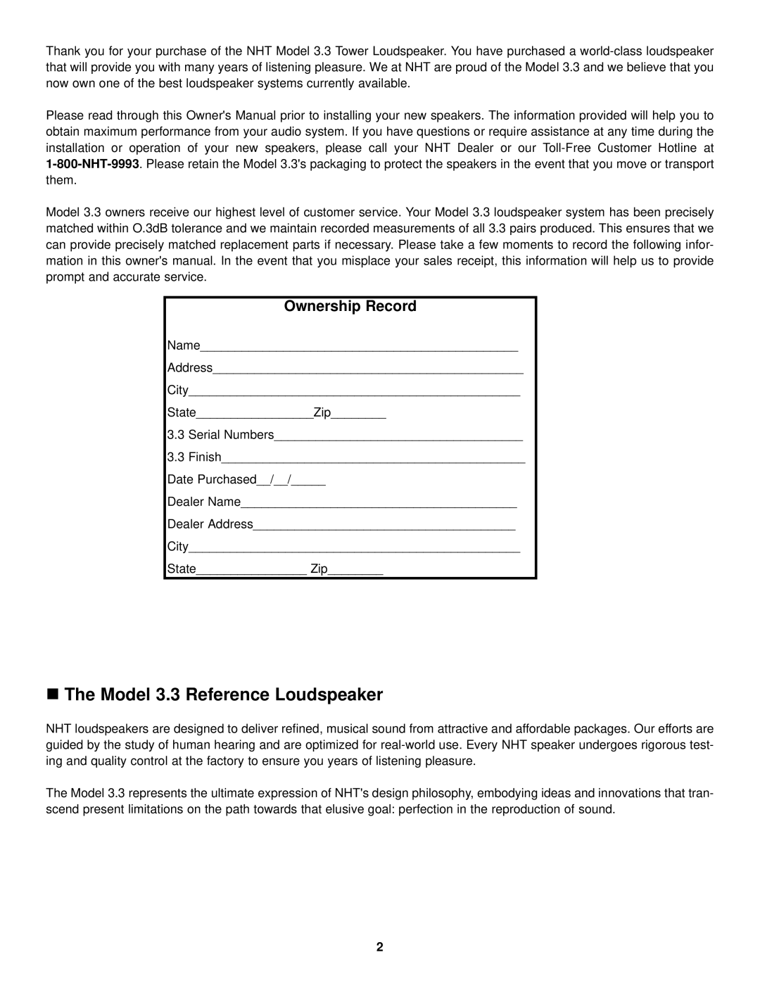 NHT owner manual Model 3.3 Reference Loudspeaker, Ownership Record 