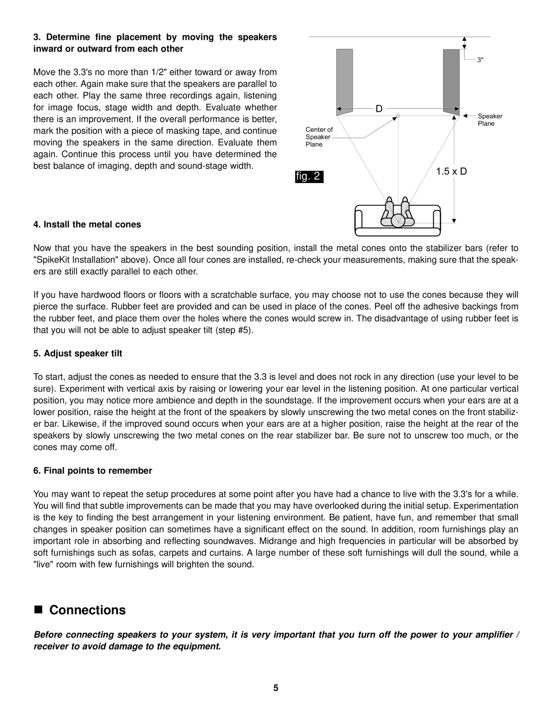 NHT 3.3 owner manual Connections, Install the metal cones, Adjust speaker tilt, Final points to remember 